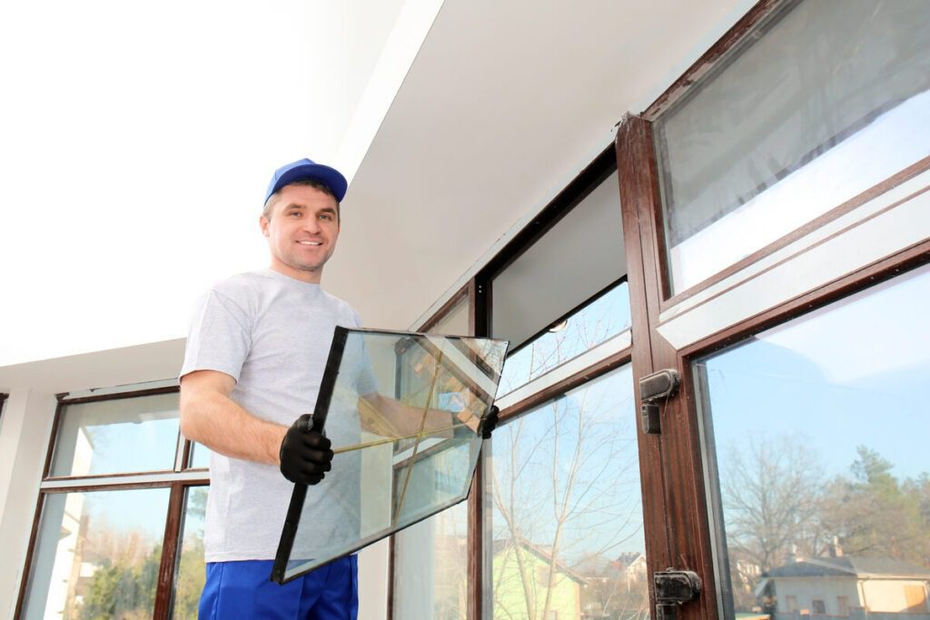 Technician holding a replacement window glass panel while repairing a residential home window.