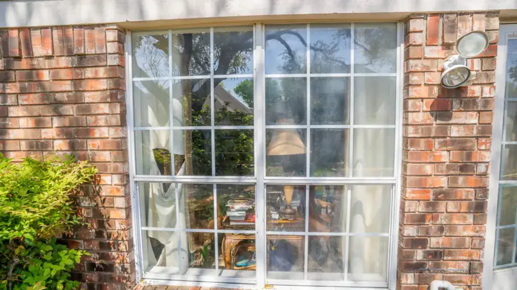 Large window on a brick wall with white trim, showing indoor lamp, books, and greenery reflected outside.