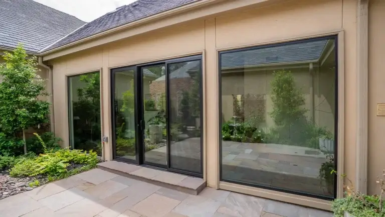 A beige house exterior with large glass windows and a glass door opening to a small stone patio and garden.