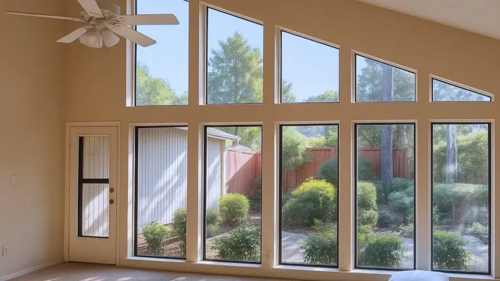 Large triangular and rectangular windows in a beige room overlook a garden with shrubs, trees, and a wooden fence.