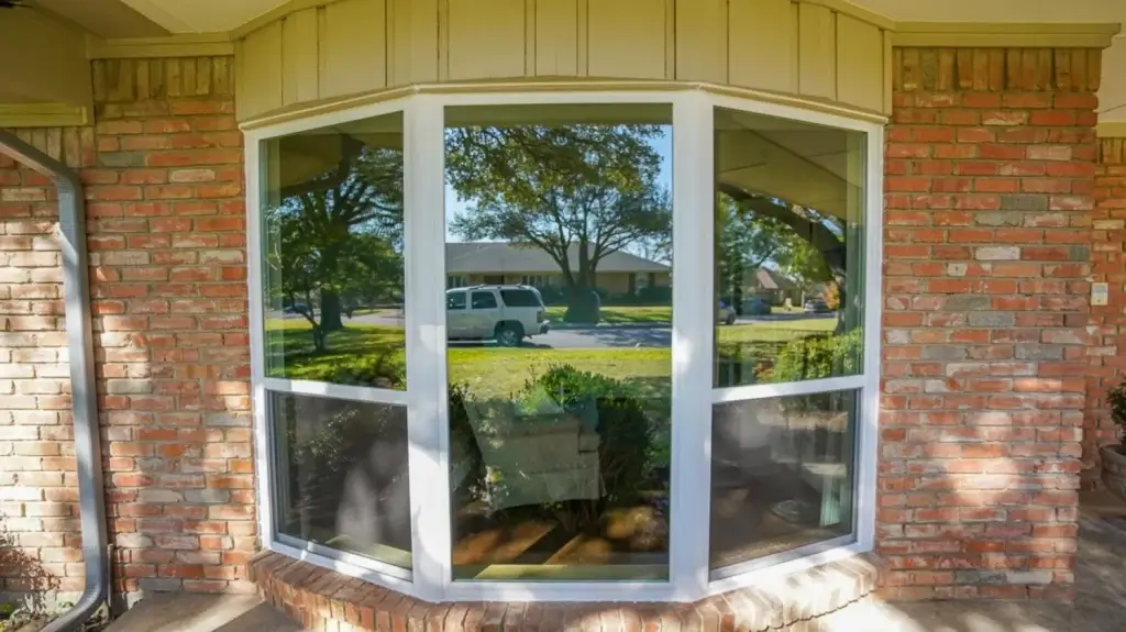 A white-framed bay window set in a brick wall reflects trees, a white SUV, and houses across the street.