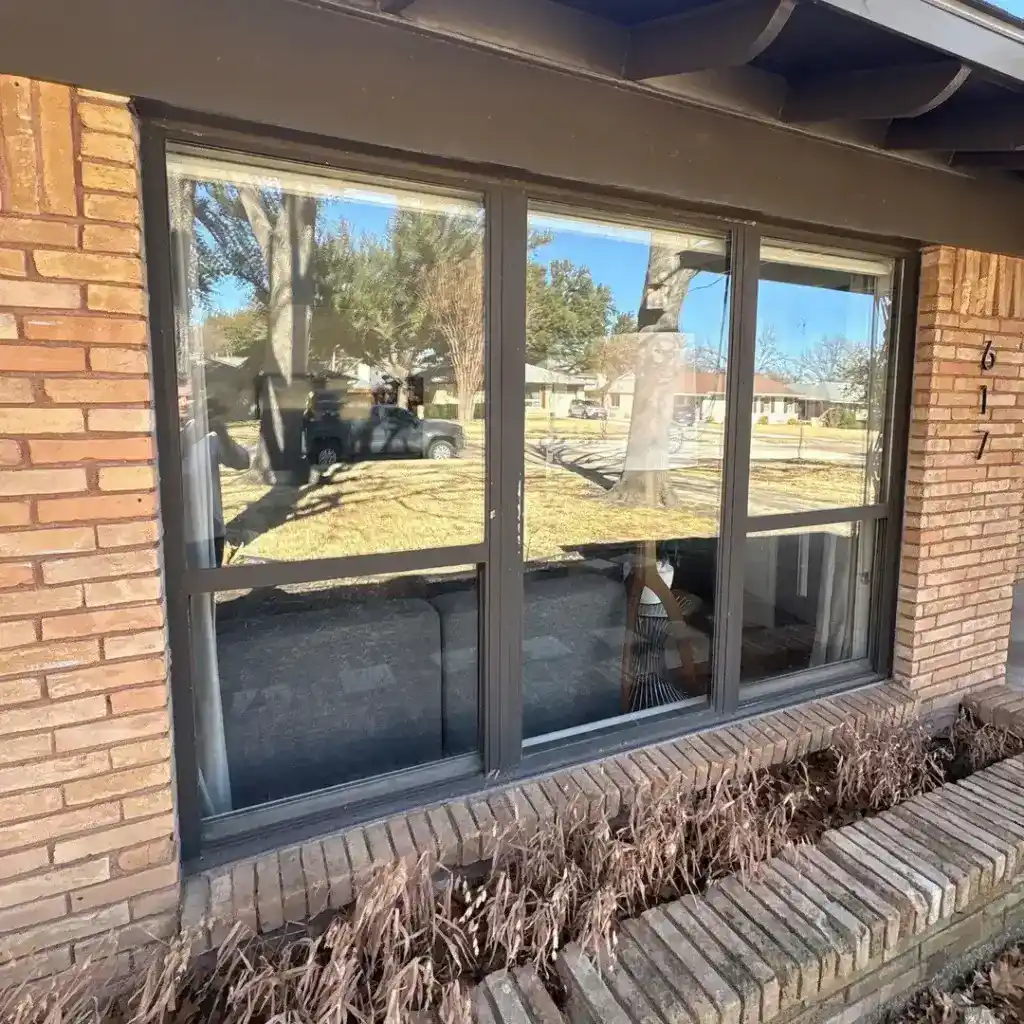 A large window on a brick house reflects trees and a street, with dried plants below the window.