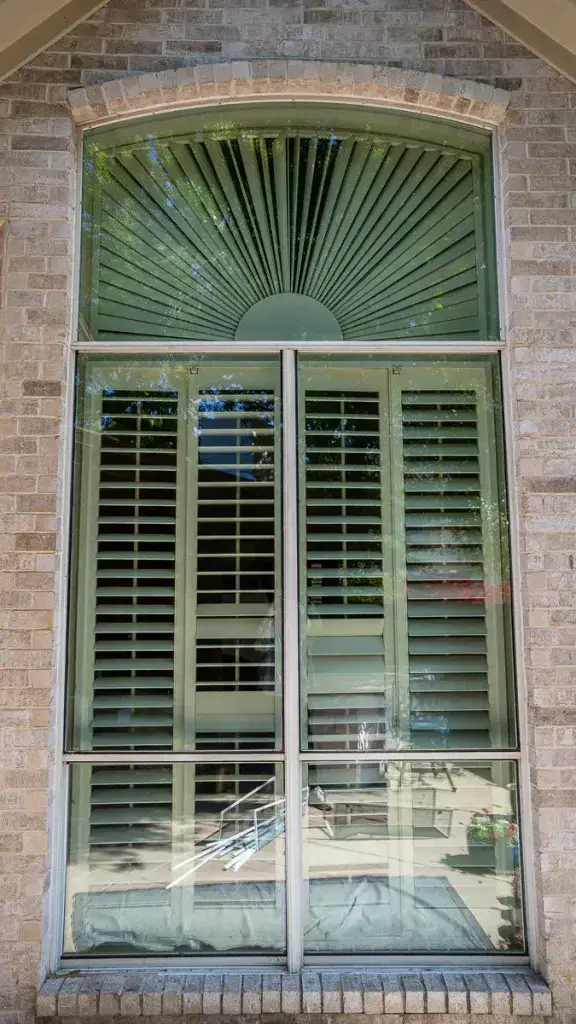 Tall window with green shutters and an arched fan-shaped design at the top, set in a brick wall.