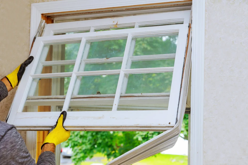 A foggy double-pane house window showing signs of seal failure and aging, illustrating when window replacement may be needed